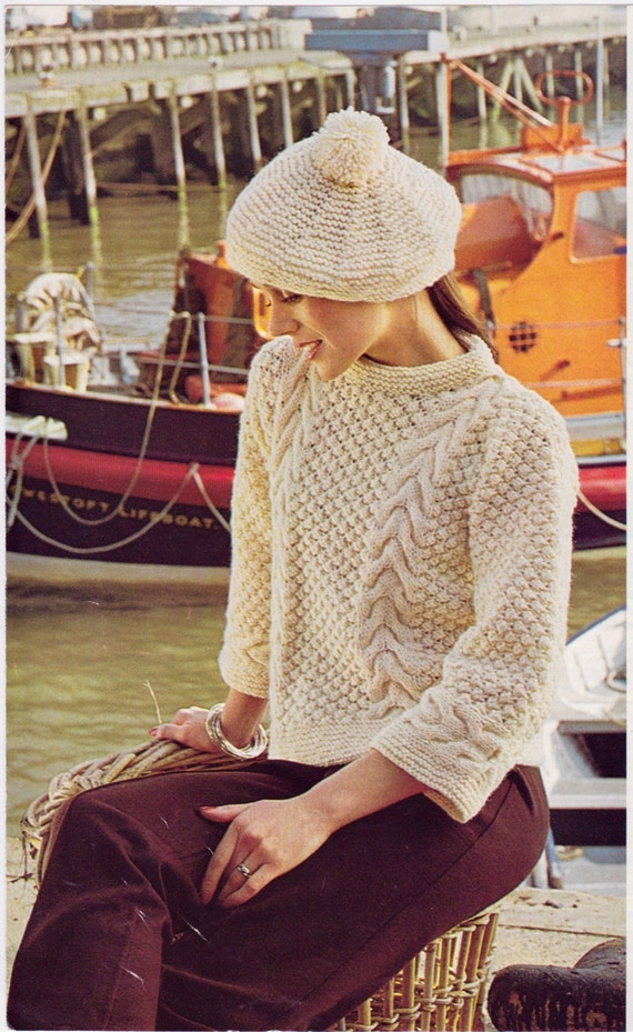 Women's Aran Jumper, Cropped Boxy Shape With 3/4 Sleeves Garter