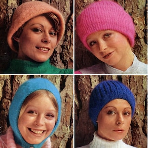 Women's hats in soft cosy yarn: two ribbed hats, a hat with a brim and a fun bonnet. Vintage knitting pattern. PDF digital download.