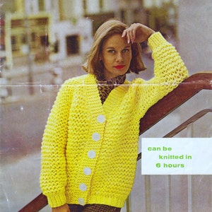 Women&#39;s chunky cardigan. Quick to knit in garter stitch.  Women&#39;s vintage 1960s knitting pattern.  34-38 inch chest.  Instant download PDF.
