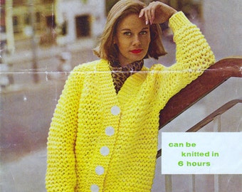 Women's chunky cardigan. Quick to knit in garter stitch.  Women's vintage 1960s knitting pattern.  34-38 inch chest.  Instant download PDF.