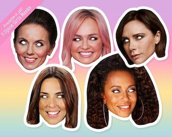 Spice Girls Fotoautomaten-Requisiten – Set mit 5 Spice Girls-Masken im PDF-Format, ideal zum Ausdrucken. VERKAUF