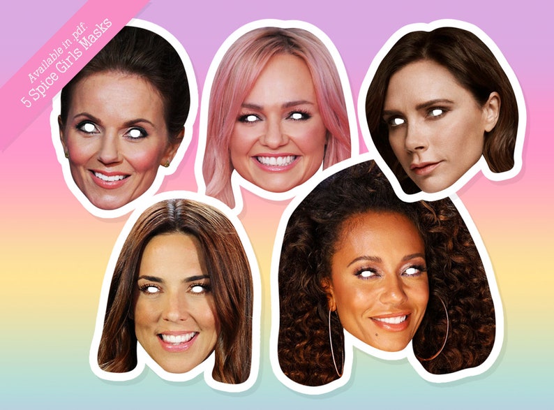 Spice Girls Photo Booth Props Set with 5 Spice Girls masks in pdf, great for printing SALE image 1