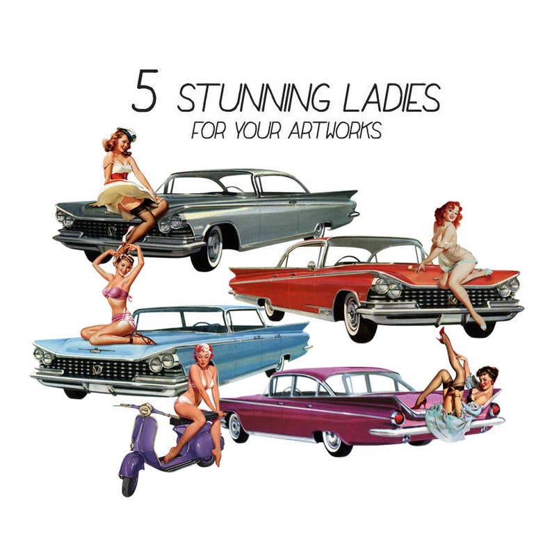 Clip Art Digital Pin-up and Retro Cars Set With 5 PNG Pin-up - Etsy