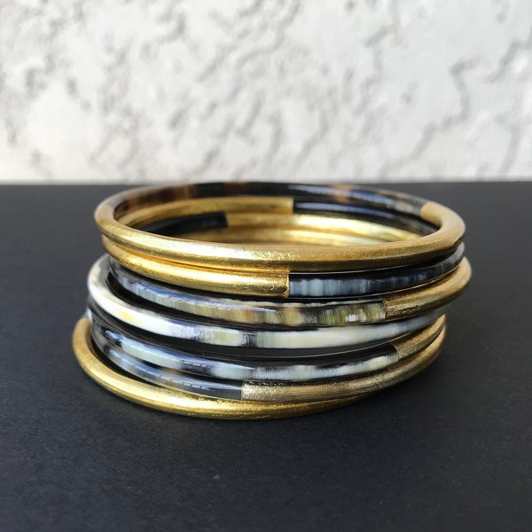 Golden Lacquered Buffalo Horn Bangle Bracelet Set, Lightweight Bracelets, Thin Horn Bangles Everyday Wear, Simple Fashion Jewelry, Gift