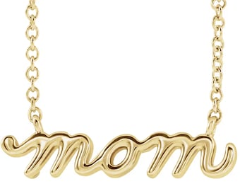 14K Solid Gold Mom Script Letter Necklace or in Sterling Silver 18" Long - Perfect Mother's Day Gift for Mom, Wife, or Grandma