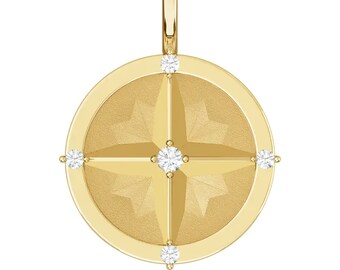 14K Yellow .03 CTW Natural Diamond Compass Pendant - Gift for Travelers and Adventurers - Graduation Gift, Bridesmaid Gift, Travel Jewelry