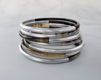 Silver Lacquered Buffalo Horn Bangle Bracelet Set, Lightweight Bracelets, Thin Horn Bangles Everyday Wear, Simple Fashion Jewelry, Holiday