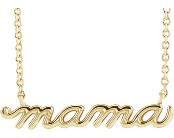 14K Solid Gold Mama Script Letter Necklace or in Sterling Silver 18" Long - Perfect Mother's Day Gift for Mom, Wife, or Grandma