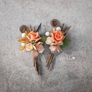Groomsmen Fall Boutonnieres 2pcs, Orange Rose Groom Flower, Peach Rose Buttonholes, Father of the Bride Pin Flowers