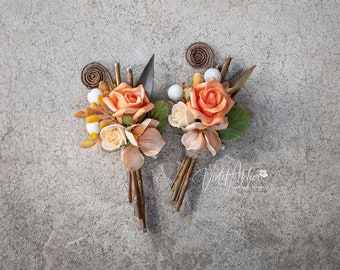 Groomsmen Fall Boutonnieres 2pcs, Orange Rose Groom Flower, Peach Rose Buttonholes, Father of the Bride Pin Flowers