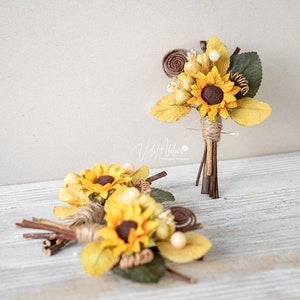 Sunflower Wedding Boutonnieres for Groomsmen 3 pcs, Father of the Bride, Rustic Wedding Groom Pin Flower image 1