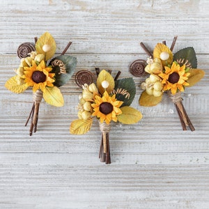 Sunflower Wedding Boutonnieres for Groomsmen 3 pcs, Father of the Bride, Rustic Wedding Groom Pin Flower image 2