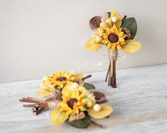 Sunflower Wedding Boutonnieres for Groomsmen (3 pcs), Father of the Bride, Rustic Wedding Groom Pin Flower