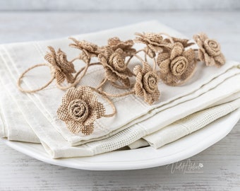 Burlap Flower Napkin Rings Set of 10, Rustic Wedding Table Decor, Engagement Party Place Setting Floral Arrangements