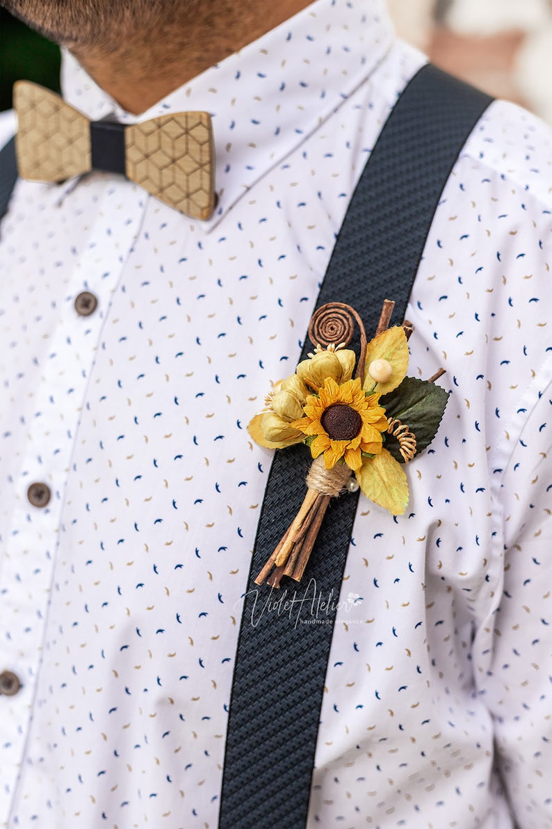 Sunflower Wedding Boutonnieres for Groomsmen 3 pcs, Father of the Bride, Rustic Wedding Groom Pin Flower image 5