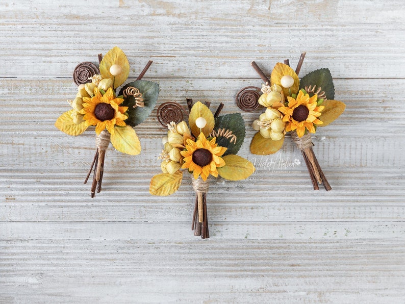 Sunflower Wedding Boutonnieres for Groomsmen 3 pcs, Father of the Bride, Rustic Wedding Groom Pin Flower image 2