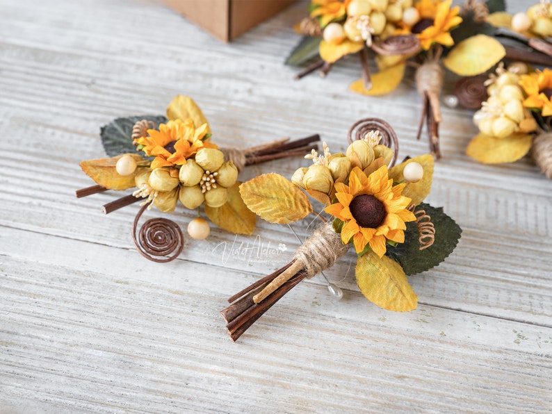 Sunflower Wedding Boutonnieres for Groomsmen 3 pcs, Father of the Bride, Rustic Wedding Groom Pin Flower image 4