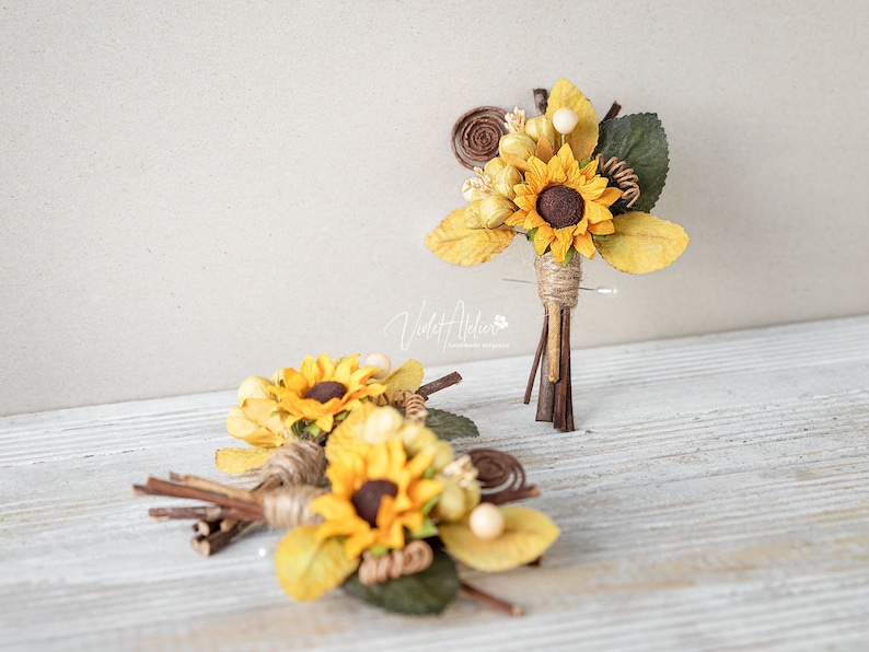 Sunflower Wedding Boutonnieres for Groomsmen 3 pcs, Father of the Bride, Rustic Wedding Groom Pin Flower image 1