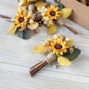 Sunflower Wedding Boutonnieres for Groomsmen 3 pcs, Father of the Bride, Rustic Wedding Groom Pin Flower image 3