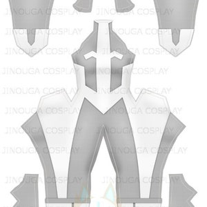 Könnte beinhalten: Ein weiß-graues Cosplay-Kostüm-Muster mit einem Ritter-Design. Das Muster enthält Teile für Kopf, Rumpf, Arme und Beine.