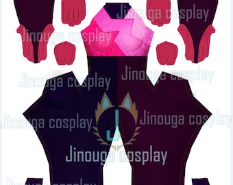 May include: A printable pattern for a pink and black cosplay costume. The pattern includes pieces for the torso, legs, arms, and hands. The pattern is labeled with the text "Jinouga cosplay".