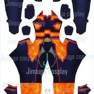 Könnte beinhalten: Ein druckbares Muster für ein Cosplay-Kostüm mit einem blauen und orangefarbenen Design und dem Text "Jinouga Cosplay".