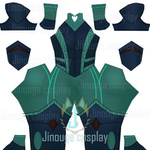 May include: A printable pattern for a teal and black cosplay costume. The pattern includes pieces for the torso, legs, arms, and head. The pattern is labeled "Jinouga Cosplay".