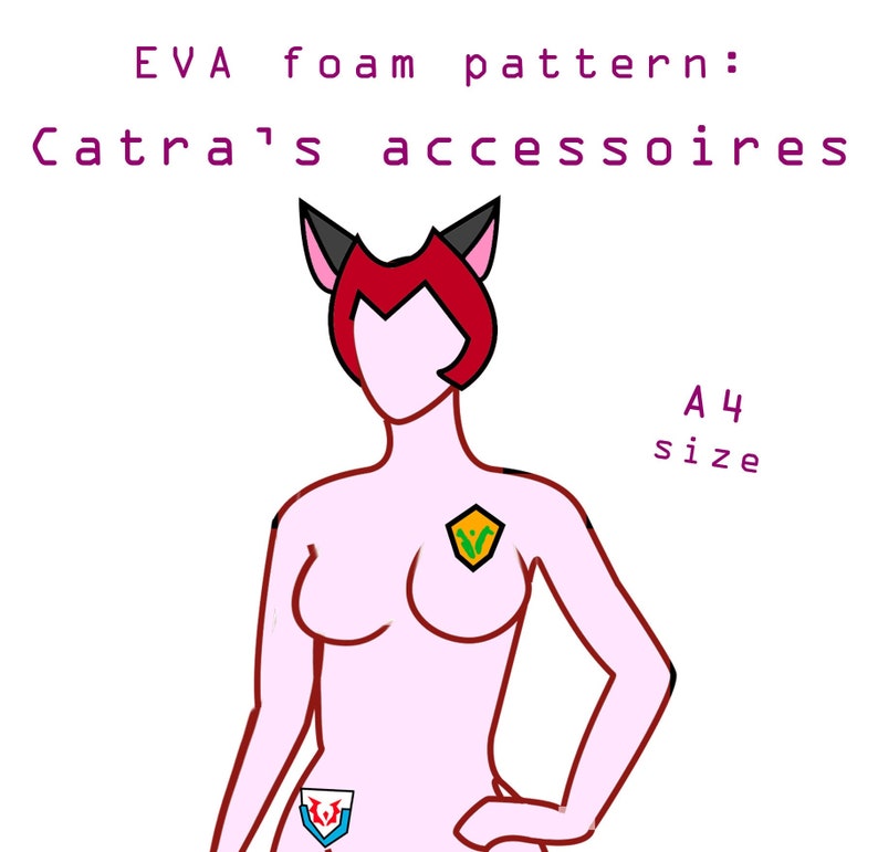 May include: A digital illustration of a pattern for a Catra character from the show She-Ra. The pattern is for a foam craft project and is designed to be printed on A4 paper. The illustration shows a pink figure with red hair and black cat ears, wearing a green and yellow symbol on the chest and a blue and red symbol on the lower abdomen.