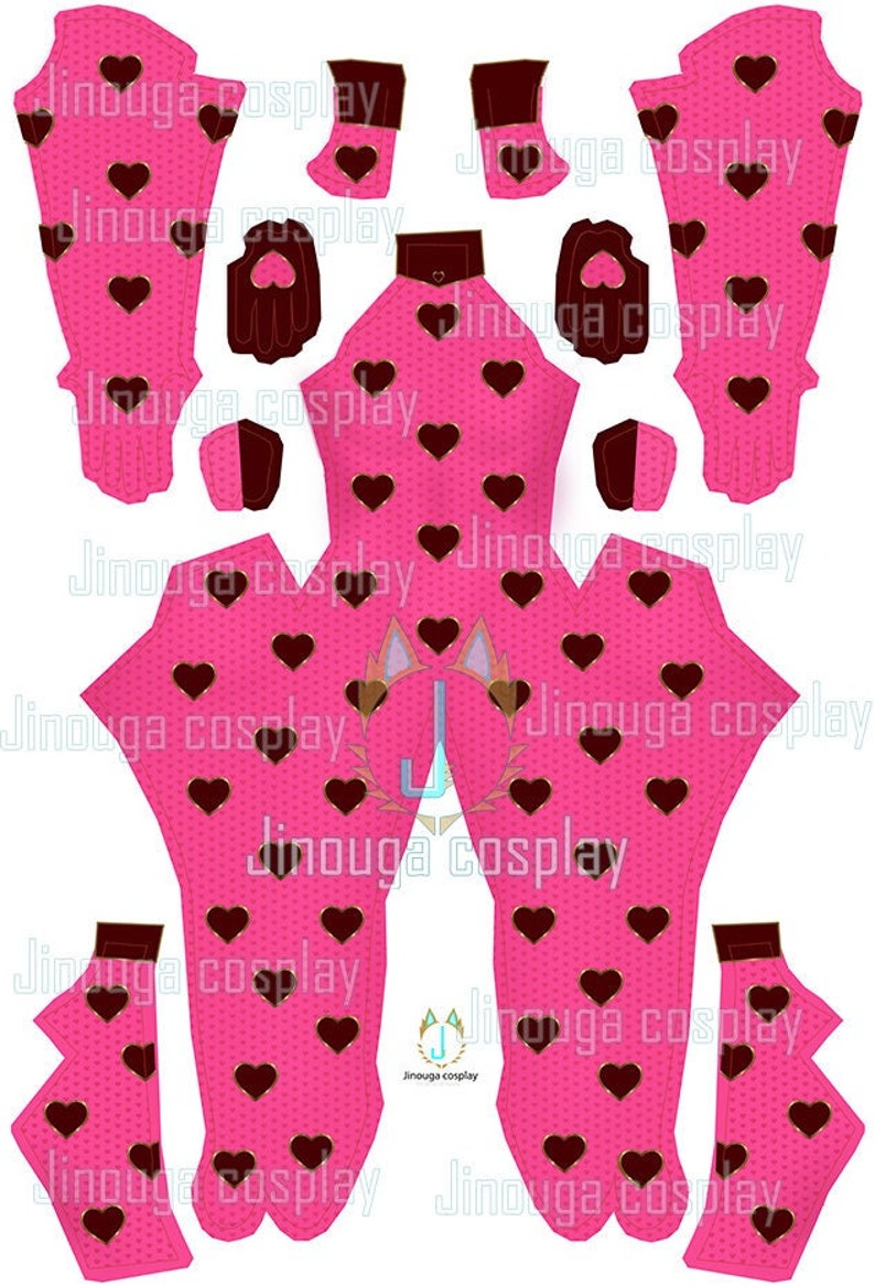 May include: Pink and black fabric pattern with hearts for a cosplay costume. The pattern includes pieces for the torso, legs, arms, and hands.