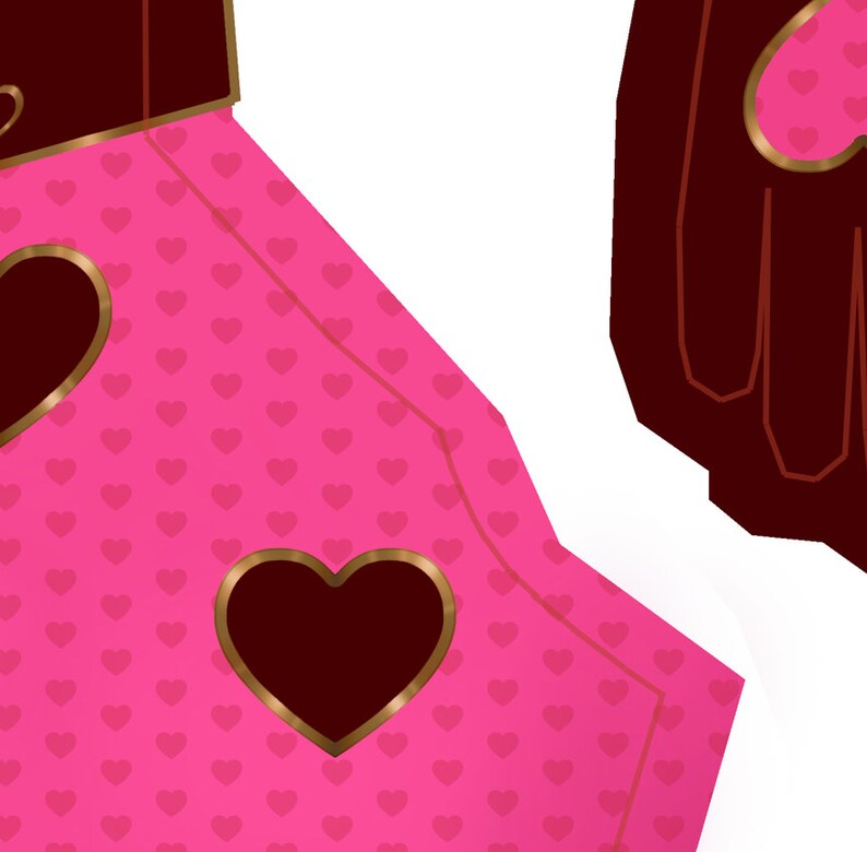 May include: A pink fabric with a pattern of small hearts and a large heart with a gold outline. The large heart is filled with a dark red color.