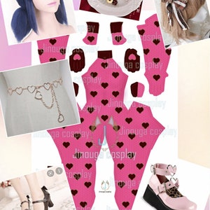 May include: A pink and brown heart-patterned bodysuit with a matching headband, belt, and shoes. The shoes are pink with black platforms and a heart-shaped buckle. The text "Some accessoires ideas to go with my design. But feel free to add any accessoires you like" is at the bottom of the image.