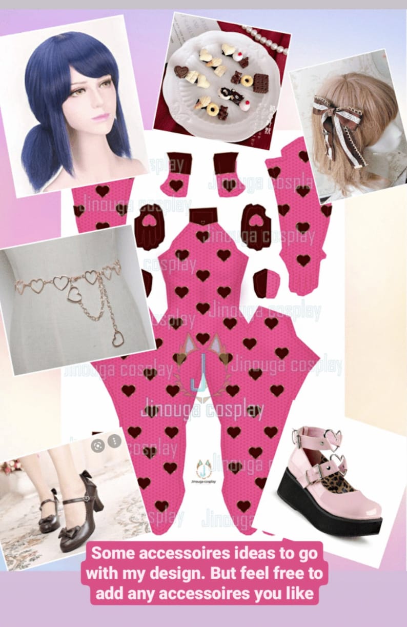 May include: A pink and brown heart-patterned bodysuit with a matching headband, belt, and shoes. The shoes are pink with black platforms and a heart-shaped buckle. The text "Some accessoires ideas to go with my design. But feel free to add any accessoires you like" is at the bottom of the image.