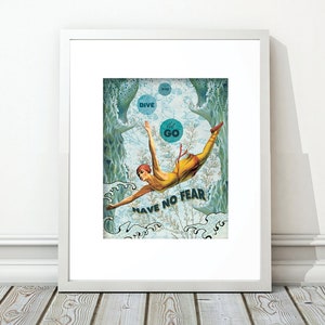 Swimmer Art, Diver Wall Art, Swimming Artwork, Vintage Wall Art, Coastal Art, Beach Wall Art, Beach Artwork, Sea Art, Vintage Swimmer