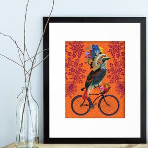 Bird on Bike, Bird Wall Art, Bicycle Print, Bird Print, Orange Decor, Orange Prints, Orange Wall Art, Bird Prints, Bike Prints, Bike Art