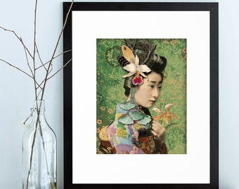 May include: A framed print of a woman with a floral headdress and a green background. The woman is wearing a colorful kimono and has a delicate expression on her face.