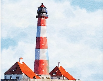 May include: A watercolor painting of a red and white striped lighthouse with a blue sky and white clouds in the background. The lighthouse has a small building attached to it.