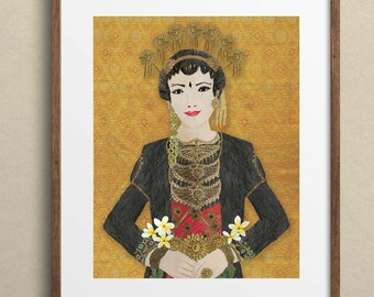 May include: A woman in a traditional Indonesian costume with a gold headdress and jewelry, wearing a black jacket and red and gold skirt, with white flowers in her hands, against a yellow patterned background.