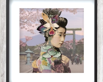 May include: A woman with a floral headdress and a colorful kimono stands in front of a Japanese temple. The background features a mountain and cherry blossoms.