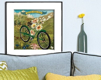May include: A framed print of a green bicycle with sunflowers in the basket. The print has the text "Seize the Day" above the bicycle. The print is hanging on a wall above a gray couch with green and yellow pillows.