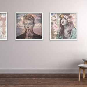 May include: Three framed art prints with a white background and white frames. The prints feature a collage of images of people with a geometric pattern overlay. The prints are hung on a white wall.