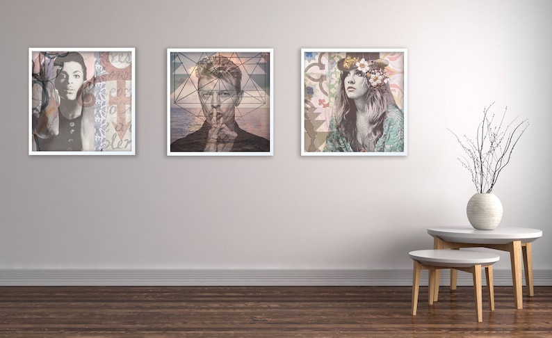 May include: Three framed art prints with a white background and white frames. The prints feature a collage of images of people with a geometric pattern overlay. The prints are hung on a white wall.