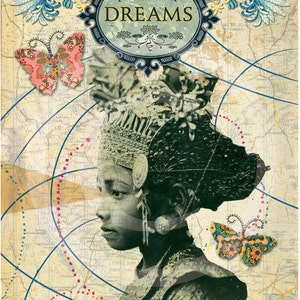 May include: A vintage-style illustration with a woman wearing a traditional headdress and a butterfly. The background is a map with a decorative oval frame that says "follow your dreams".