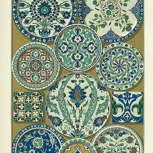 May include: A collection of nine Persian ceramic plates with intricate floral and geometric designs in shades of blue, green, brown, and white. The plates are arranged in a grid pattern on a gold background. The word "PERSAN" is written in large letters at the top of the image.