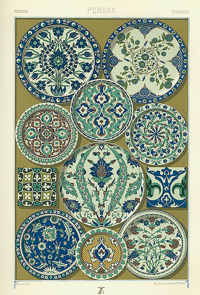 May include: A collection of nine Persian ceramic plates with intricate floral and geometric designs in shades of blue, green, brown, and white. The plates are arranged in a grid pattern on a gold background. The word "PERSAN" is written in large letters at the top of the image.