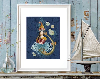 Mermaid Art Print, Mermaid Decor, Mermaid Prints, Mermaid Wall Art,  Vintage Mermaid Art, Mermaid Print, Blue Mermaid, Coastal Mermaid