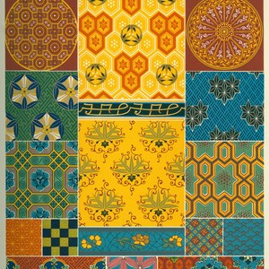 May include: A vintage illustration of 15 different Chinese and Japanese patterns. The patterns are a mix of geometric and floral designs in a variety of colors, including red, blue, green, yellow, and white.