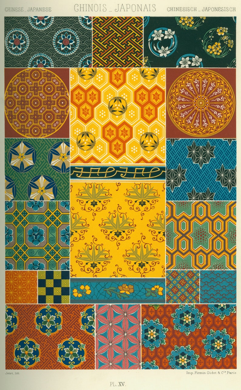 May include: A vintage illustration of 15 different Chinese and Japanese patterns. The patterns are a mix of geometric and floral designs in a variety of colors, including red, blue, green, yellow, and white.