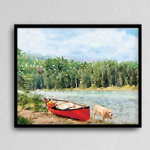 Golden Retriever, Golden Retriever Kunst, Golden Retriever Druck, Golden Retriever Geschenke, Kabine Kunst, See Dez, Kabine Geschenke, Lake House, Kanu