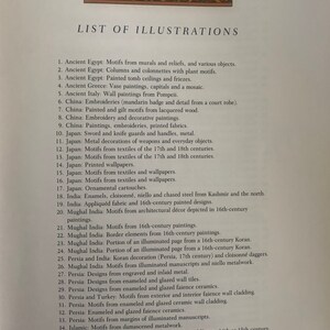 May include: A black and white list of illustrations from a book. The list includes motifs from various cultures and historical periods, including Ancient Egypt, China, Japan, India, Persia, and Islamic art.