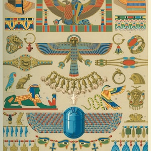 May include: A vintage illustration of Egyptian art and design. The image features a variety of motifs, including a winged sun disk, a scarab beetle, a snake, and a variety of jewelry and decorative elements. The image is labeled "Egyptian" in English, "Egyptien" in French, and "Aegyptisch" in German.